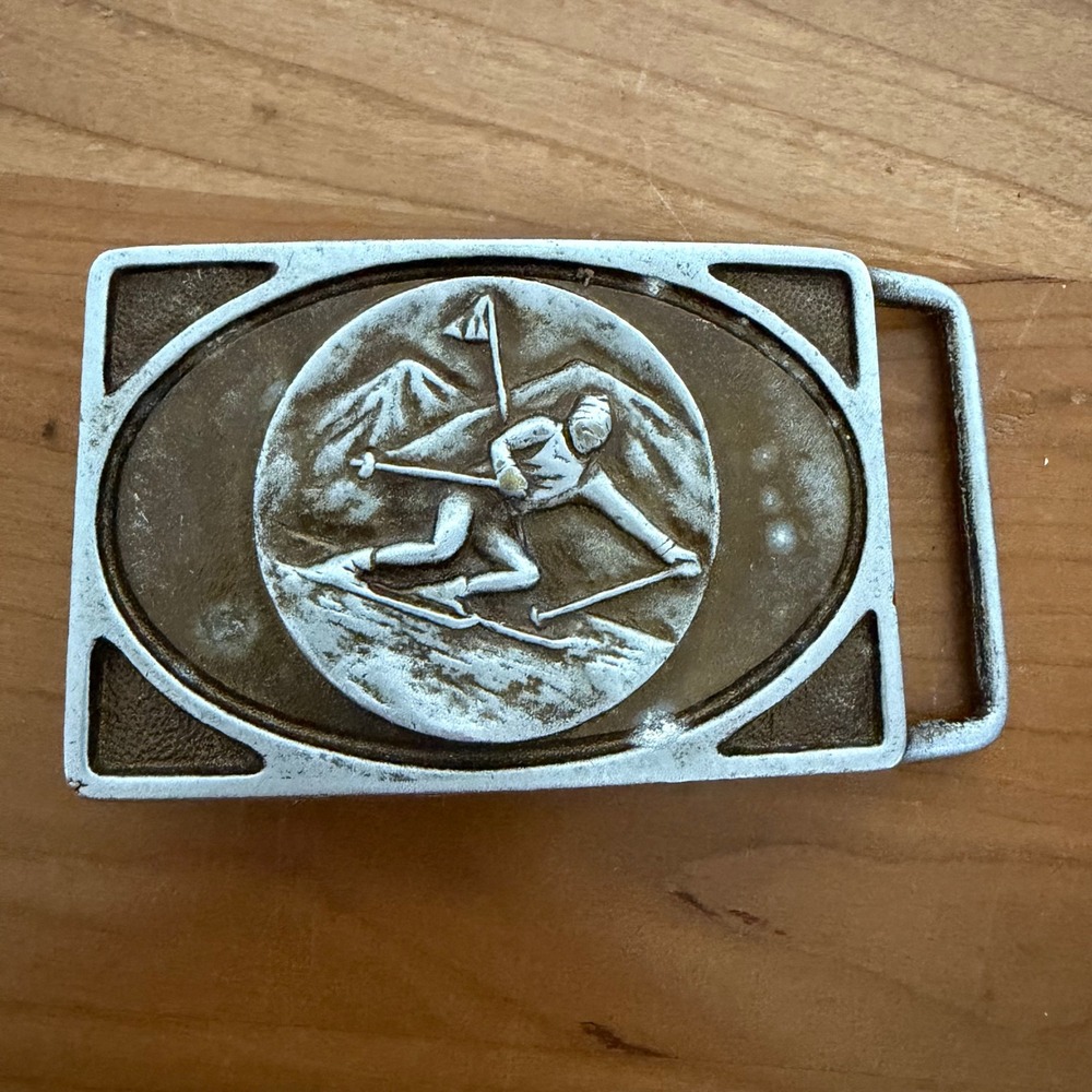 Vintage Downhill Skier Belt Buckle Silver Bronze Tone Mountain Skiing Sport